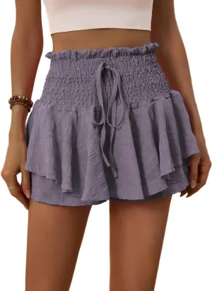 Women's Summer Trendy Comfy Women's Solid Color Elastic Waist Ruffle Hem Skort