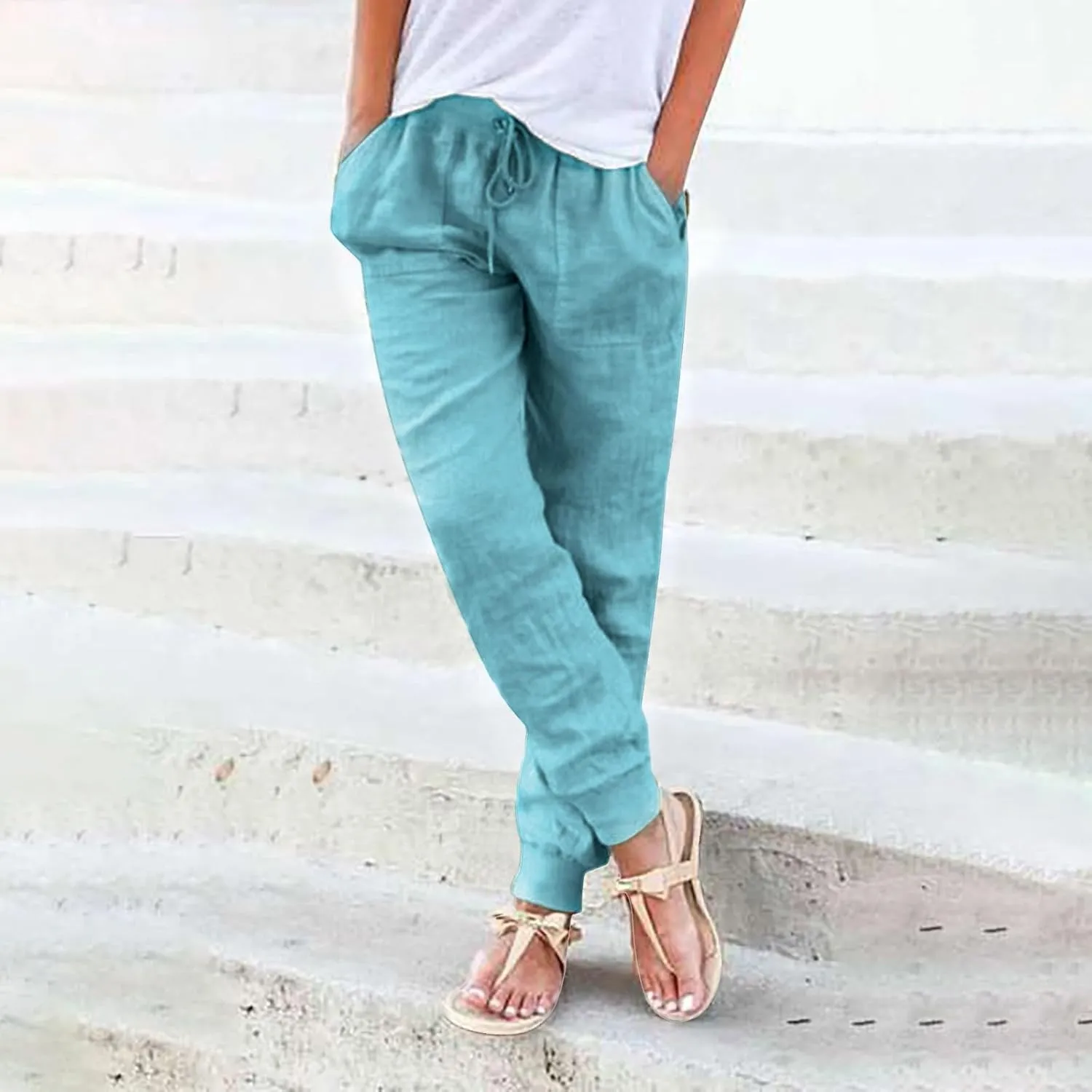 Womens Tapered Linen Pants Ankle Cotton Linen Drawstring Back Elastic Waist Pants Casual Trousers Capris with Pockets