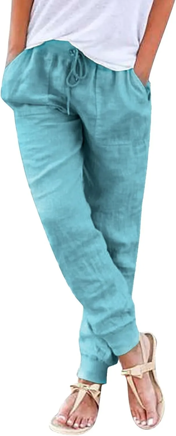 Womens Tapered Linen Pants Ankle Cotton Linen Drawstring Back Elastic Waist Pants Casual Trousers Capris with Pockets