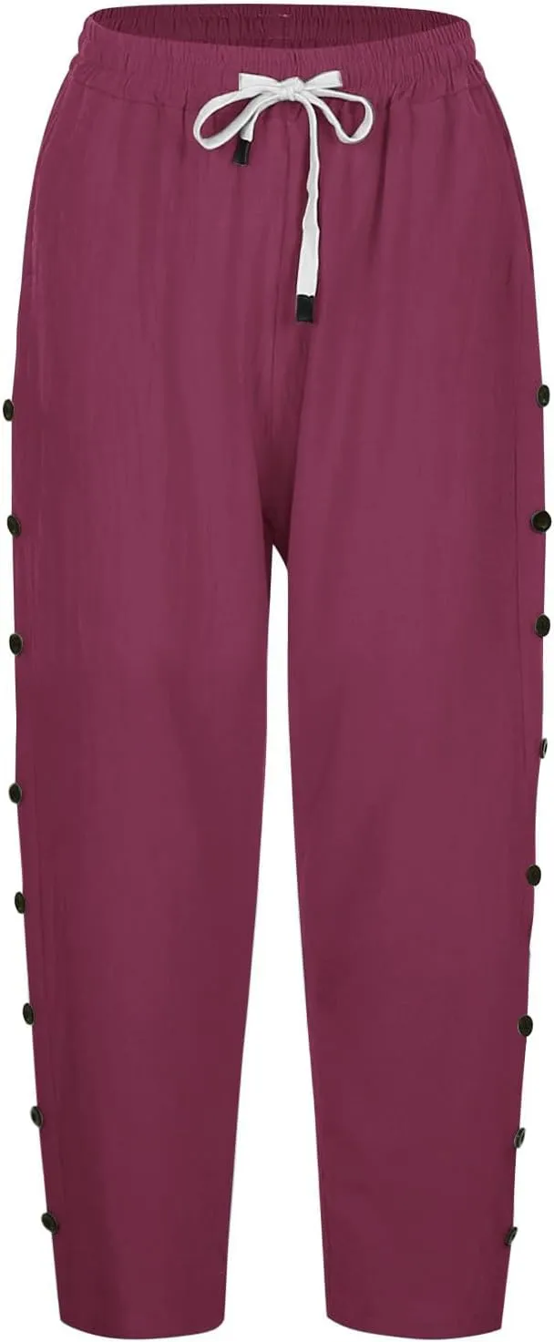 Womens Tapered Pants 2025 Summer Comfy Cotton Linen Capris Elastic Waist Pants Casual Cropped Trousers with Pockets