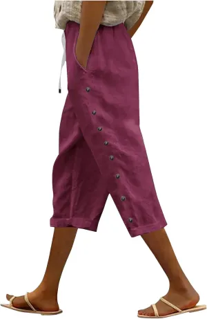 Womens Tapered Pants 2025 Summer Comfy Cotton Linen Capris Elastic Waist Pants Casual Cropped Trousers with Pockets