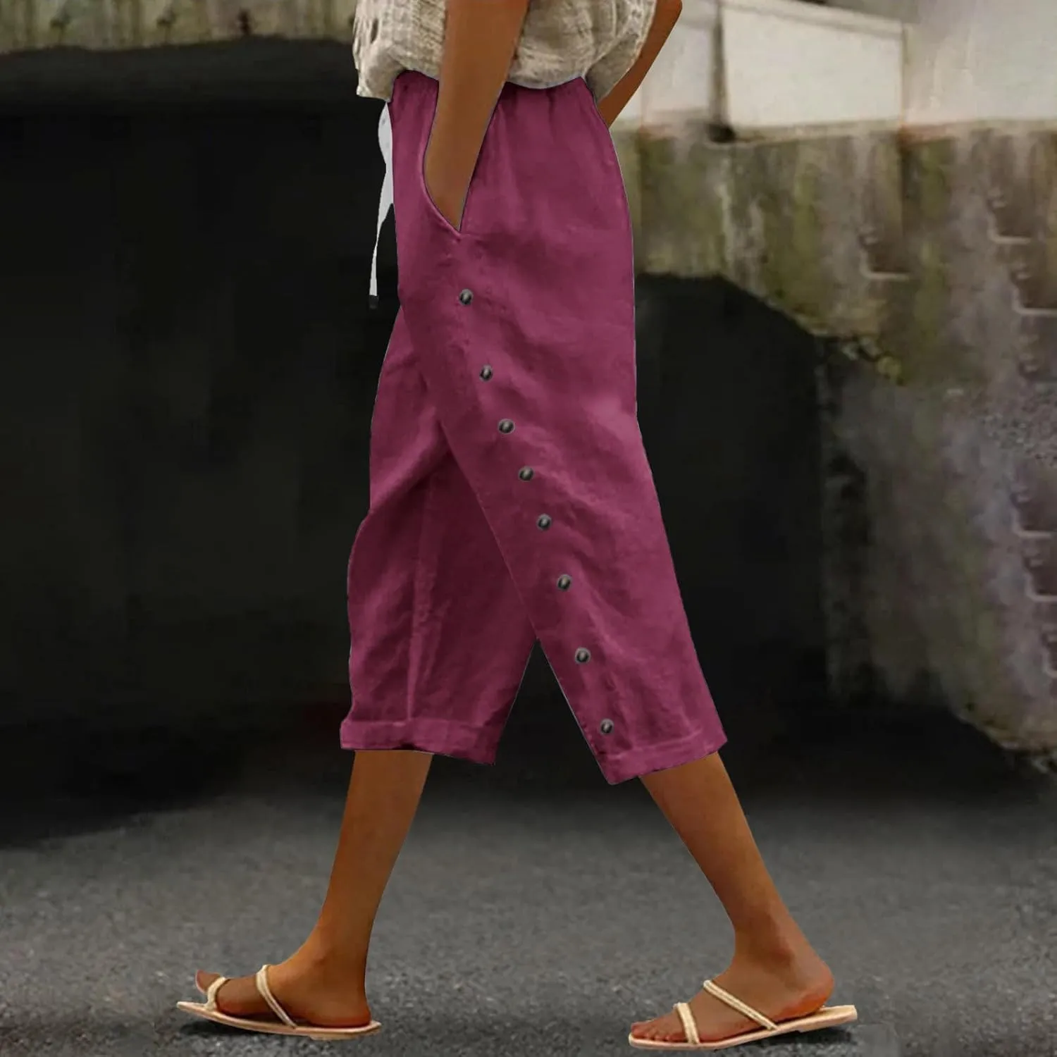 Womens Tapered Pants 2025 Summer Comfy Cotton Linen Capris Elastic Waist Pants Casual Cropped Trousers with Pockets