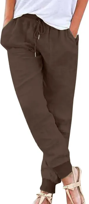 Womens Tapered Pants Cotton Linen Casual Trousers Lightweight Drawstring Travel Beach Joggers Slacks with Pockets