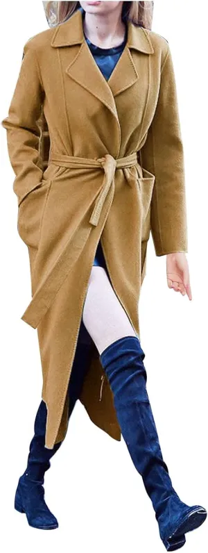 Womens Trench Coat Notched Lapel Double Breasted Wool Coat Winter Fashion Warm Pea Coats Elegant Casual Overcoat