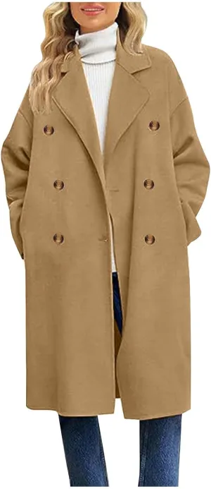 Womens Trench Coat Notched Lapel Double Breasted Wool Coat Winter Fashion Warm Pea Coats Elegant Casual Overcoat