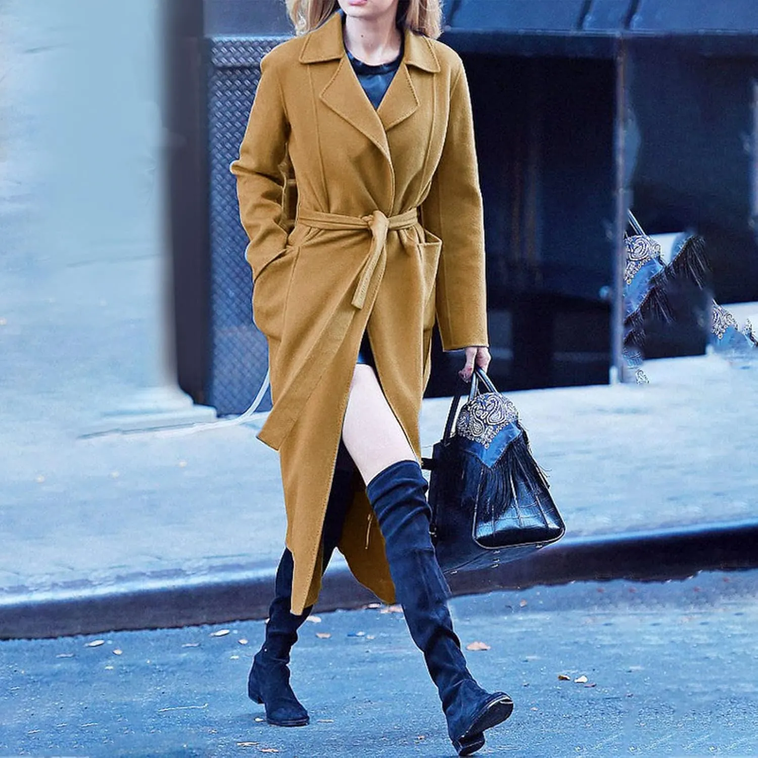 Womens Trench Coat Notched Lapel Double Breasted Wool Coat Winter Fashion Warm Pea Coats Elegant Casual Overcoat