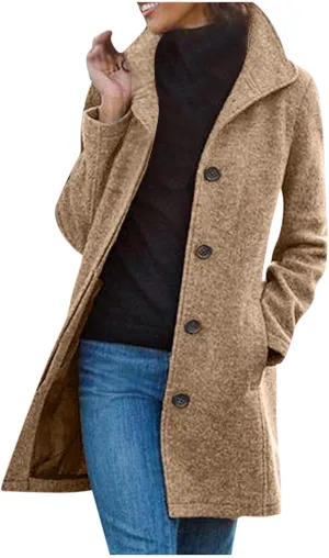 Women's Trench Coats, Mid Long Retro Single-Breasted Winter Outwear Classic Lapel Overcoat Solid Outerwear