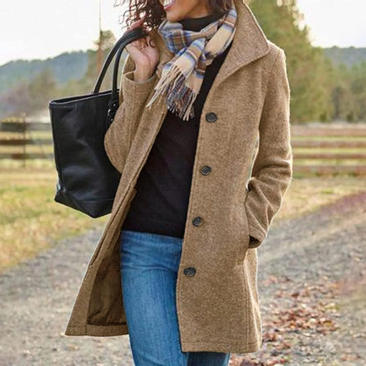 Women's Trench Coats, Mid Long Retro Single-Breasted Winter Outwear Classic Lapel Overcoat Solid Outerwear