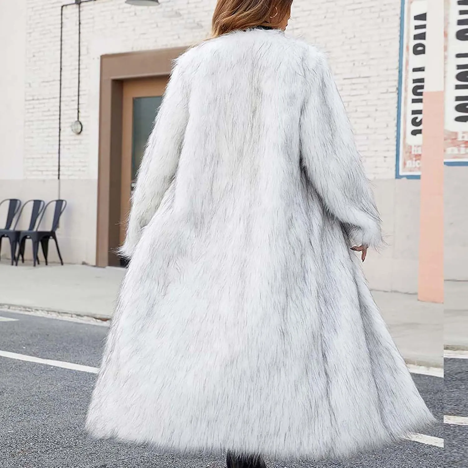 Womens Warm Long Fuzzy Coats Open Front Faux Fur Floor Length Overcoat Heavyweight Luxurious Warm Cozy Outerwear