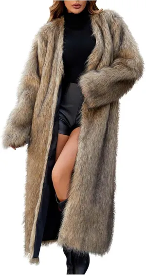 Womens Warm Long Fuzzy Coats Open Front Faux Fur Floor Length Overcoat Heavyweight Luxurious Warm Cozy Outerwear
