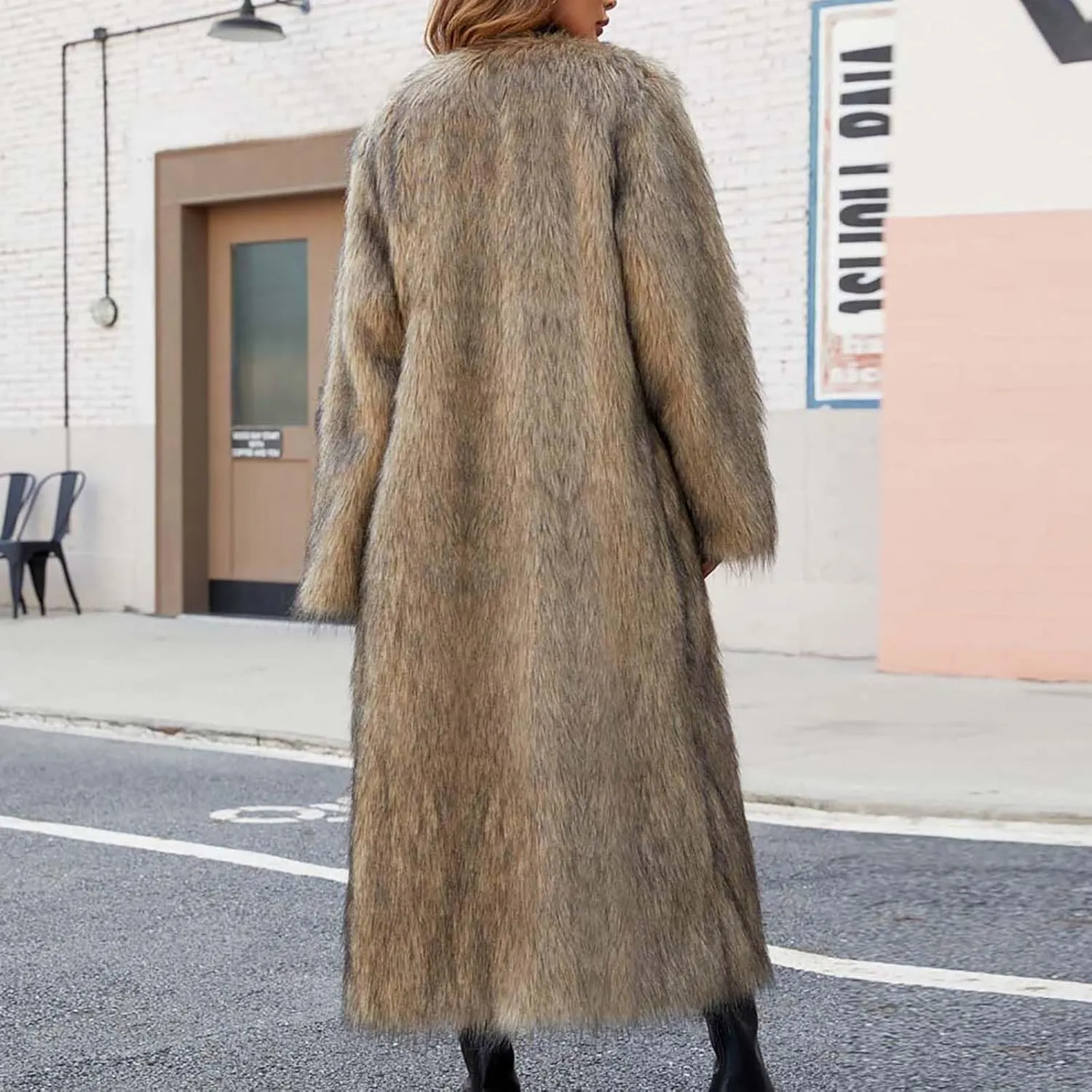 Womens Warm Long Fuzzy Coats Open Front Faux Fur Floor Length Overcoat Heavyweight Luxurious Warm Cozy Outerwear