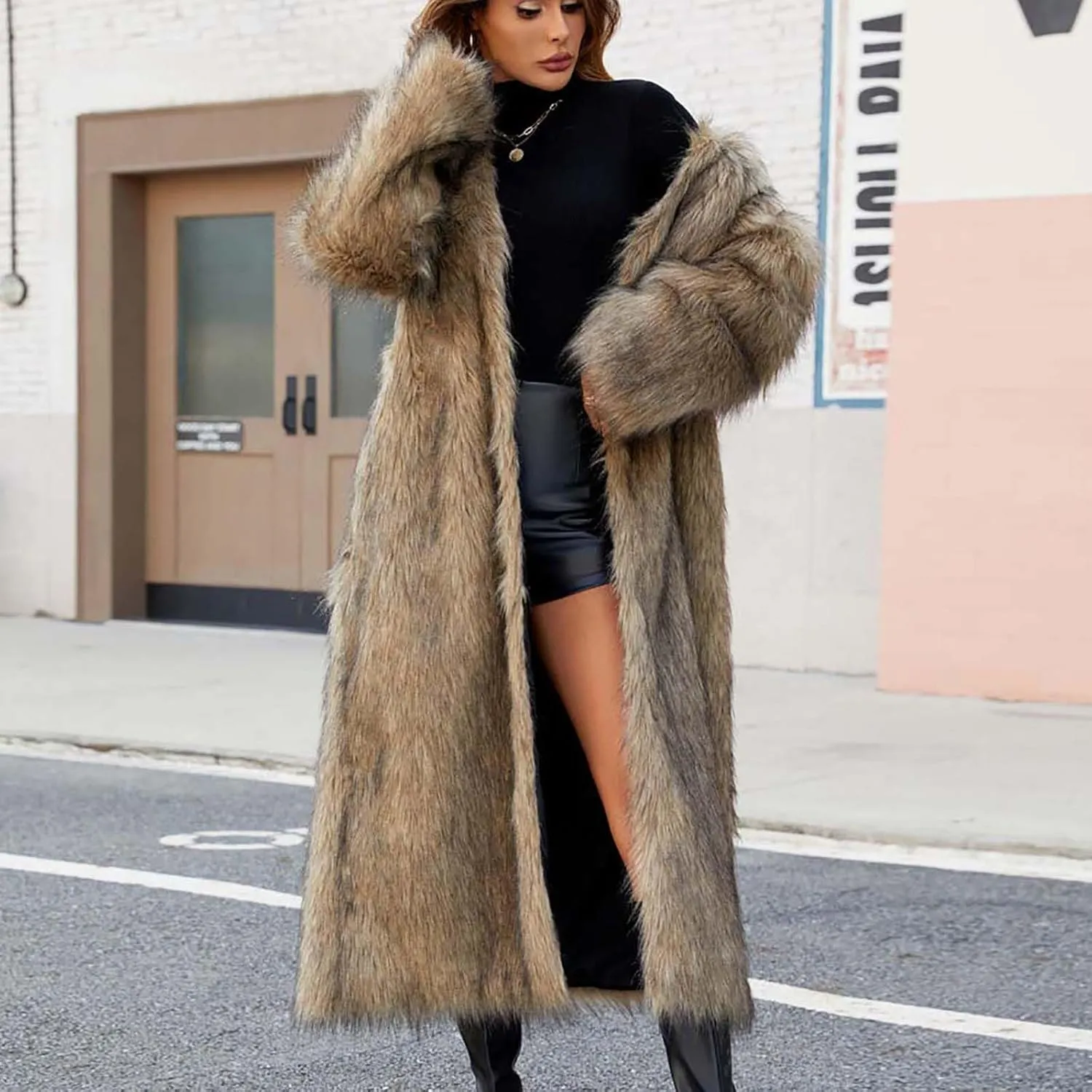 Womens Warm Long Fuzzy Coats Open Front Faux Fur Floor Length Overcoat Heavyweight Luxurious Warm Cozy Outerwear