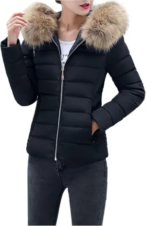 Womens Warm Wool Cotton Coat Large Slim Collar Fur Thick Jacket Slim Padded Outwear Fluffy and Shaggy Jacket
