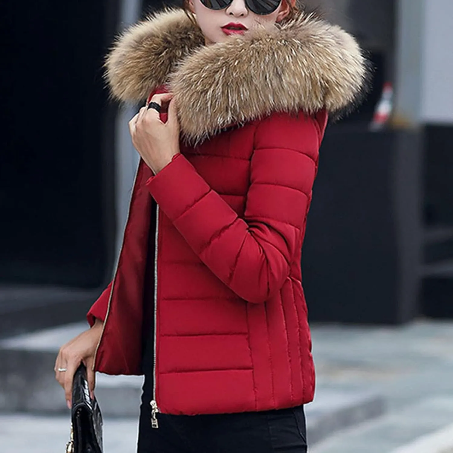 Womens Warm Wool Cotton Coat Large Slim Collar Fur Thick Jacket Slim Padded Outwear Fluffy and Shaggy Jacket