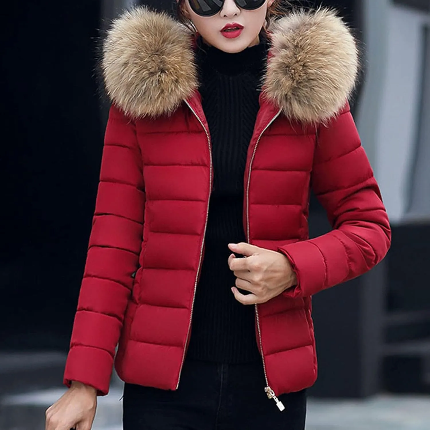 Womens Warm Wool Cotton Coat Large Slim Collar Fur Thick Jacket Slim Padded Outwear Fluffy and Shaggy Jacket