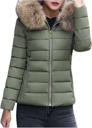 Womens Warm Wool Cotton Coat Large Slim Collar Fur Thick Jacket Slim Padded Outwear Fluffy and Shaggy Jacket