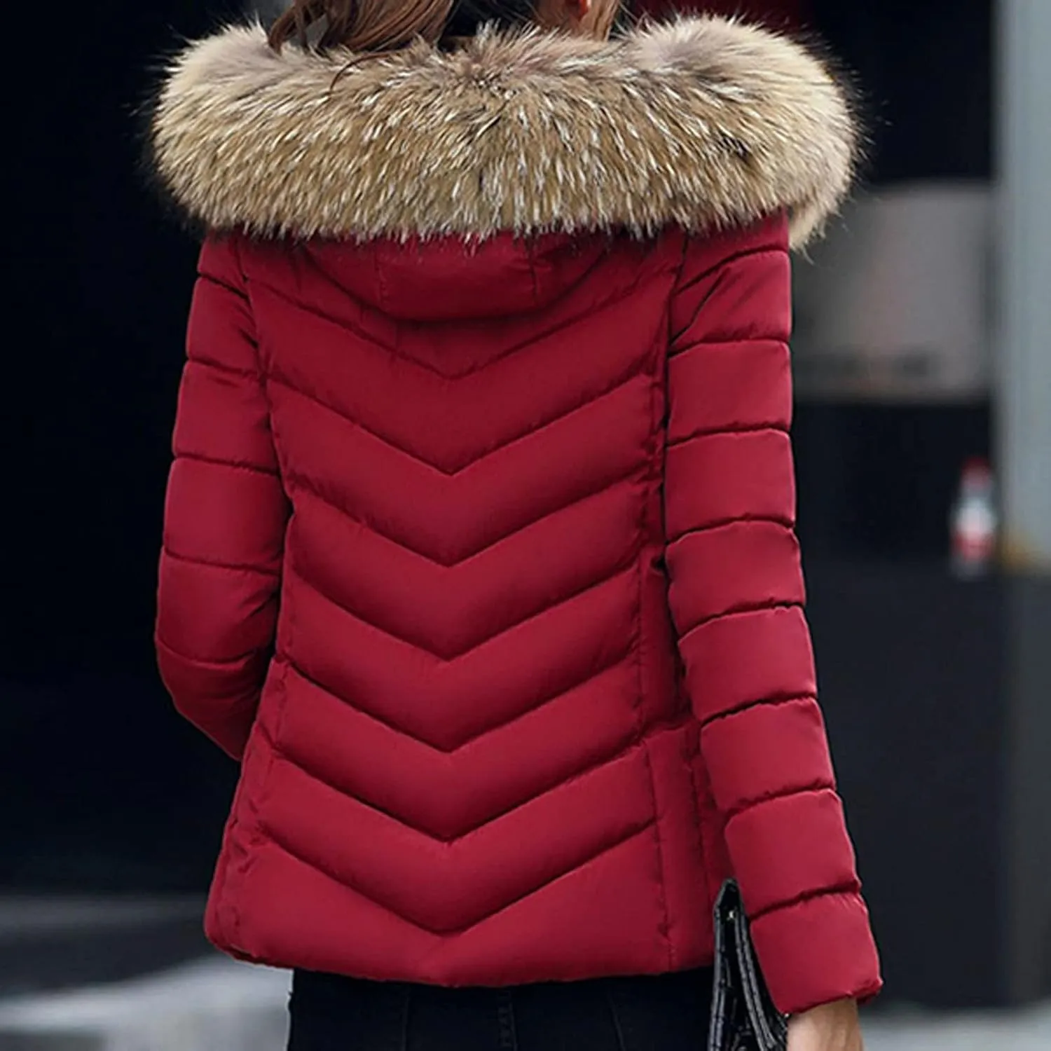 Womens Warm Wool Cotton Coat Large Slim Collar Fur Thick Jacket Slim Padded Outwear Fluffy and Shaggy Jacket