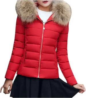 Womens Warm Wool Cotton Coat Large Slim Collar Fur Thick Jacket Slim Padded Outwear Fluffy and Shaggy Jacket