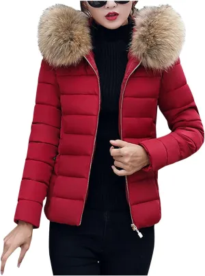 Womens Warm Wool Cotton Coat Large Slim Collar Fur Thick Jacket Slim Padded Outwear Fluffy and Shaggy Jacket