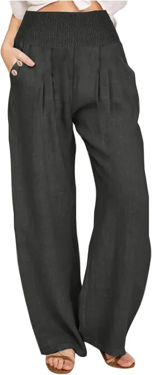 Women's Wide Leg Linen Pants Casual High Waisted Lounge Work Trousers Fashion Solid Color Pants with Pockets Outfit