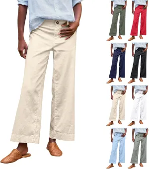 Womens Wide Leg Linen Pants Elastic High Waisted Cropped Pants Summer Business Casual Work Trousers with Pockets