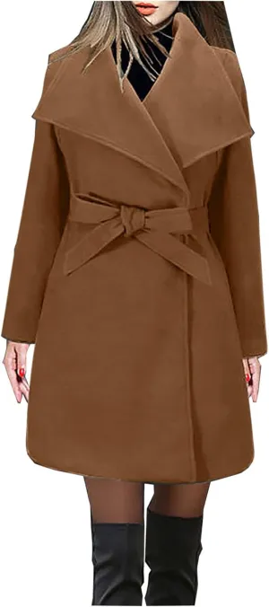 Women's Winter Coats 2024 Elegant Open Front Belted Peacoat Casual Fall Collar Woolen Overcoat Fashion Trench Coat