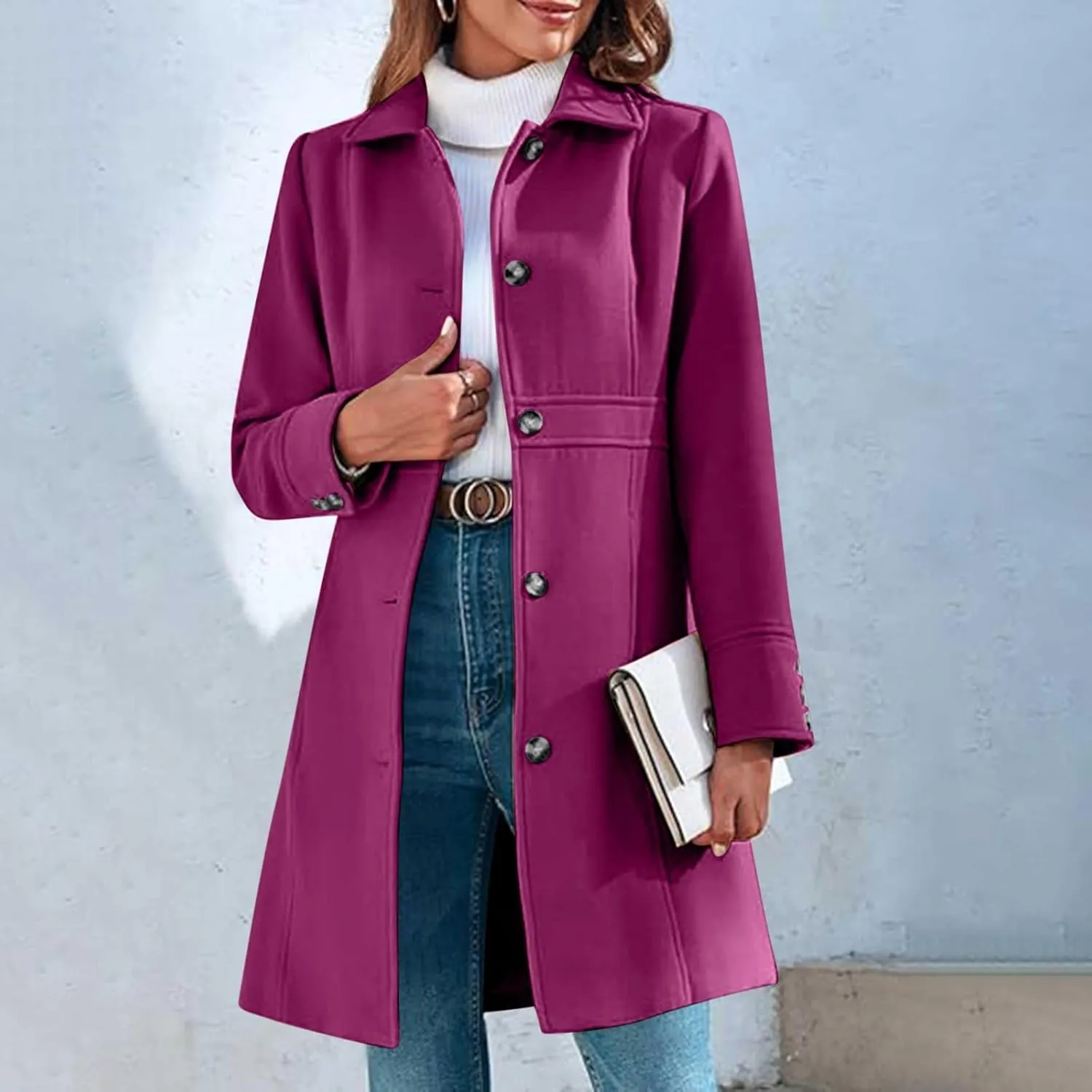 Women's Winter Coats Fashion, Classic Lapel Single-Breasted Overcoat Casual Outerwear Mid Long Trench Winter Jacket