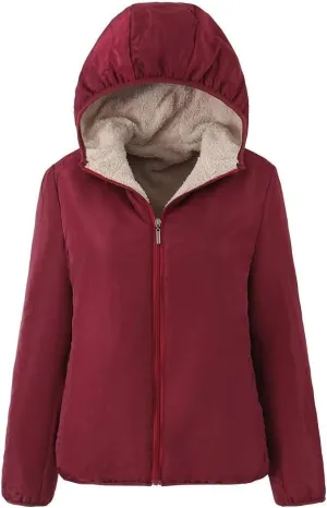 Women's Winter Hooded Plush Coat Warm Lamb Shacket Fleece Lined Jackets Padded Cotton Zip Up Heavyweight Coats