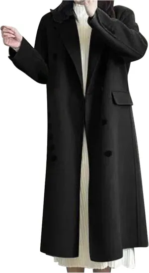 Womens Winter Trench Coats Elegant Wool Blend Pea Coats Lapel Collar Double Breasted Mid-Long Length Overcoat