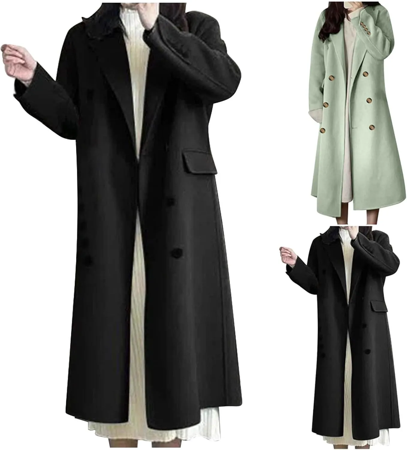 Womens Winter Trench Coats Elegant Wool Blend Pea Coats Lapel Collar Double Breasted Mid-Long Length Overcoat