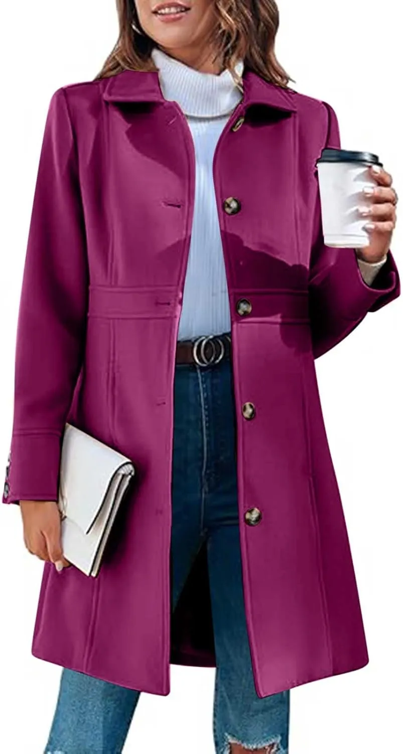 Womens Winter Wool Coats Elegant Single Breasted Long Trench Coat Midi Length Peacoat Bussiness Jacket With Pockets