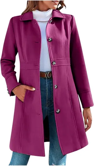 Womens Winter Wool Coats Elegant Single Breasted Long Trench Coat Midi Length Peacoat Bussiness Jacket With Pockets