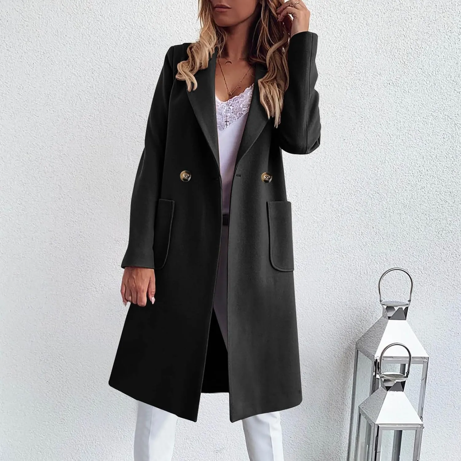 Women's Wool Blend Trench Coat Winter Jackets Mid Long Pea Coats Dressy Casual Double Breasted Overcoat with Pockets