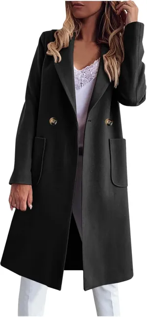 Women's Wool Blend Trench Coat Winter Jackets Mid Long Pea Coats Dressy Casual Double Breasted Overcoat with Pockets