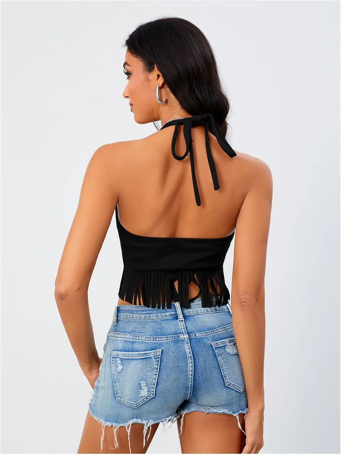 Women's Y2K Fringe Halter Western Cowgirl Tie Tank Top Tassel Rivet Faux Suede Hippie Crop Top 70s 60s Vintage