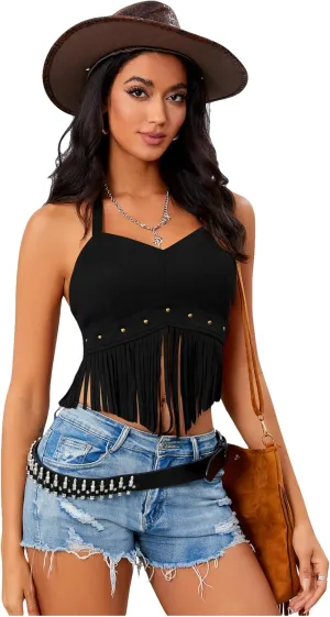 Women's Y2K Fringe Halter Western Cowgirl Tie Tank Top Tassel Rivet Faux Suede Hippie Crop Top 70s 60s Vintage