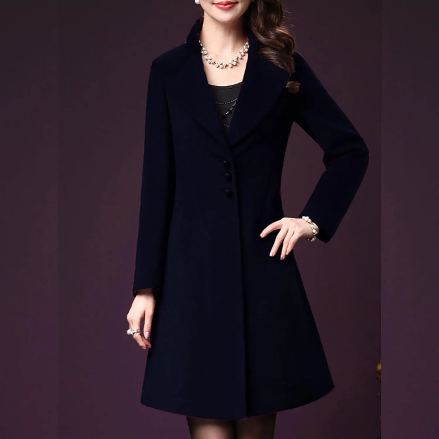 Wool Coats for Women Notched Lapel Collar Peacoat Fall Winter Elegant Outerwear Overcoat Trendy Woolen Trench Coat
