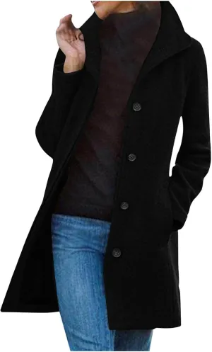 Wool Coats for Women Winter Thicken Wool Blend Pea Coat Stand Collar Single Breasted Casual Trench Coat Overcoat