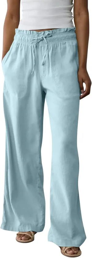 Work Pants Women High Waisted Summer Drawstring Linen Pants Comfy Straight Leg Baggy Beach Trousers with Pockets