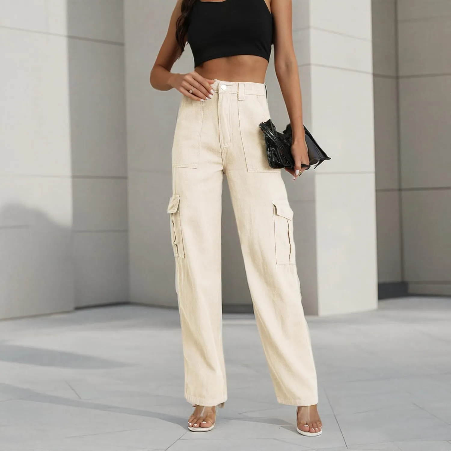WZIKAI Cargo Pants for Women High Waisted Casual Pants Baggy Wide Leg Trousers Y2K Streetwear with 6 Pockets