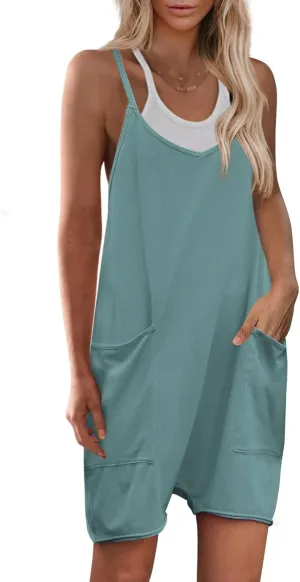 Yanekop Womens Loose Overalls V Neck Sleeveless Romper Spaghetti Strap Harem Short Pants Jumpsuits