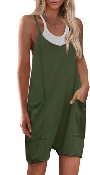 Yanekop Womens Loose Overalls V Neck Sleeveless Romper Spaghetti Strap Harem Short Pants Jumpsuits