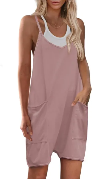 Yanekop Womens Loose Overalls V Neck Sleeveless Romper Spaghetti Strap Harem Short Pants Jumpsuits