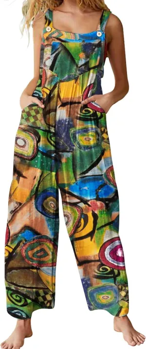 YESNO Overalls for Women Casual Loose Summer Rompers Boho Floral Adjustable Straps Wide Leg Jumpsuits with Pockets PQ2