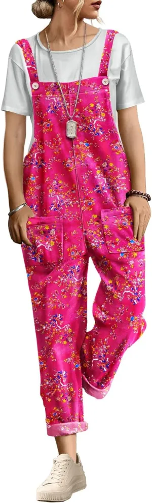 YESNO Women's Casual Bib Overalls Floral Long Tapered Pants Jumpsuits Adjustable Straps Rompers with Pockets PH9
