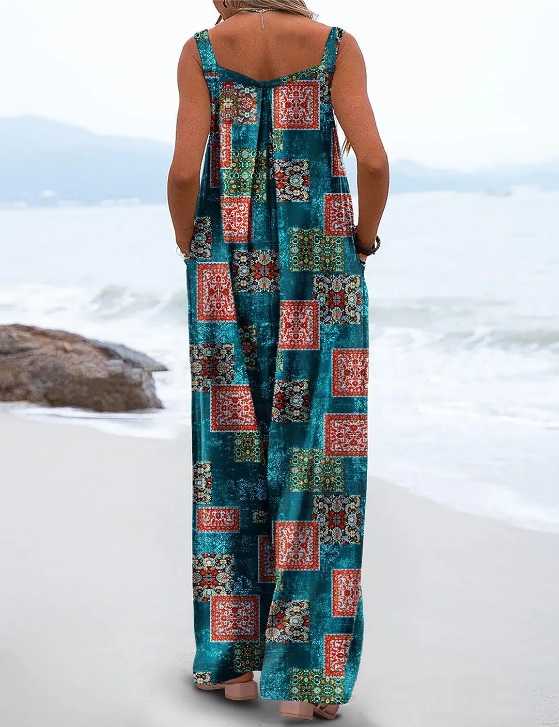 YESNO Women's Summer Casual Overalls Loose Wide Leg Jumpsuits Boho Floral Printed Baggy Rompers with Pockets PZH