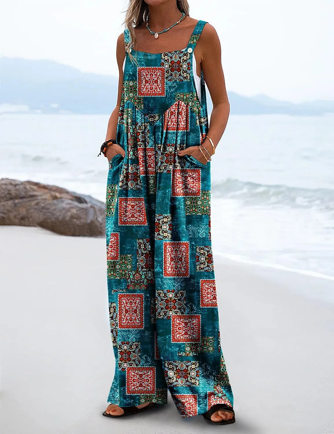 YESNO Women's Summer Casual Overalls Loose Wide Leg Jumpsuits Boho Floral Printed Baggy Rompers with Pockets PZH