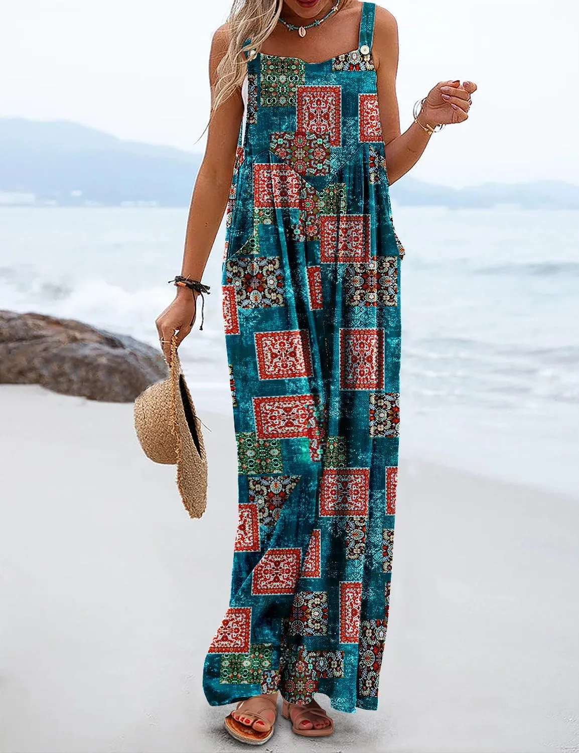 YESNO Women's Summer Casual Overalls Loose Wide Leg Jumpsuits Boho Floral Printed Baggy Rompers with Pockets PZH
