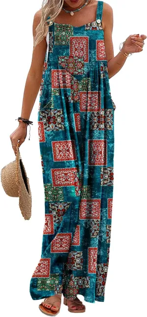 YESNO Women's Summer Casual Overalls Loose Wide Leg Jumpsuits Boho Floral Printed Baggy Rompers with Pockets PZH