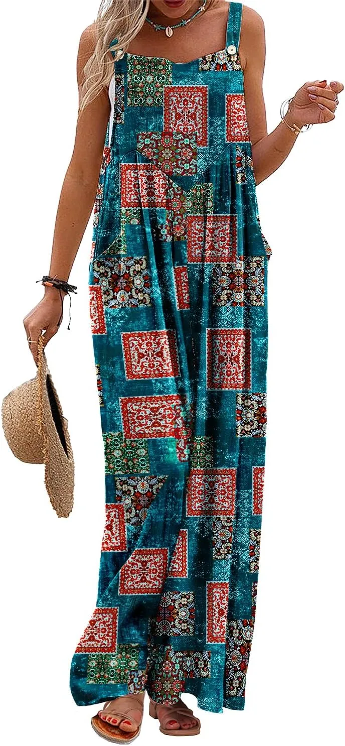 YESNO Women's Summer Casual Overalls Loose Wide Leg Jumpsuits Boho Floral Printed Baggy Rompers with Pockets PZH